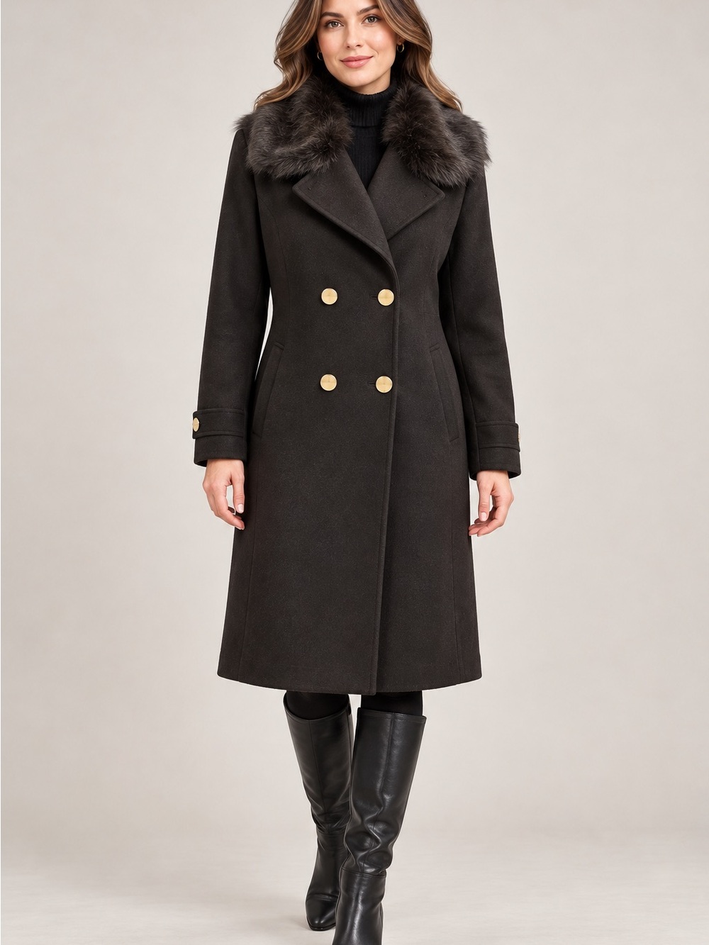 Tahari black Double-Breasted Wool Coat with Faux Fur Collar